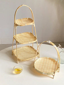 1pc Weaving Baskets Rack Wicker Handwoven Fruit Bread Food Storage Tier Kitchen Decorate Round Square Plate Stand Container Bamboo Baskets Straw Weaving 1/2/3 Layer