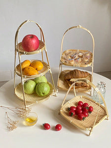 1pc Weaving Baskets Rack Wicker Handwoven Fruit Bread Food Storage Tier Kitchen Decorate Round Square Plate Stand Container Bamboo Baskets Straw Weaving 1/2/3 Layer