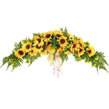Load image into Gallery viewer, Artificial Sunflower Swag, 25&quot; Decorative Swag with Sunflowers, Green Leaves and Silk Ribbon for Wedding Arch Front Door Wall Decor