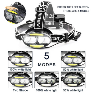 Super bright LED headlamp 4 x T6 + 2 x COB + 2 x Red LED waterproof led headlight 7 lighting modes with batteries charger