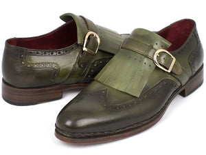 Paul Parkman Men's Wingtip Monkstrap Brogues Green  Leather Upper With Double Leather Sole (ID#060-GREEN)