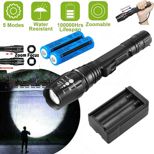 990000LM Camping Flashlight Zoomable Upgraded Tactical T6 LED Torch Rechargeable 5 Modes 2x 18650 Battery + Charger