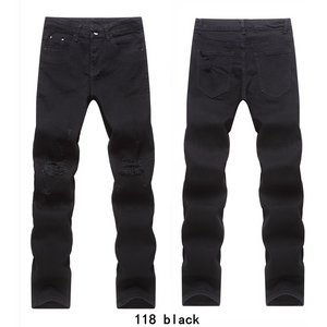 All Black Skinny Jeans Men Destroyed Straight Slim Fit Biker Pants Ripped Denim Washed Hiphop INS Trousers