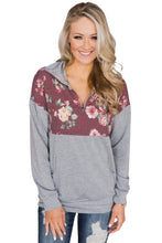 Load image into Gallery viewer, Floral Splice Grey Kangaroo Pocket Zip Collar Sweatshirt