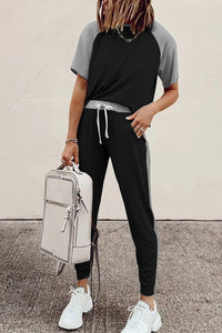Black Colorblock Short Sleeves and Joggers Sports Set