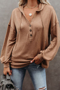 Brown Buttoned High and Low Hem Hoodie