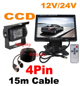 12V~24V Night Vision 18IR LED Backup Reverse Camera 4Pin + 7" LCD Monitor Car Rear View Kit Free 15m cable For BUS Truck RV Motorhome