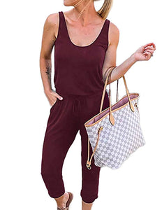 Women's Casual Round Neck Sleeveless Jumpsuit Drawstring Waist Stretchy Long Pant Romper with Pockets