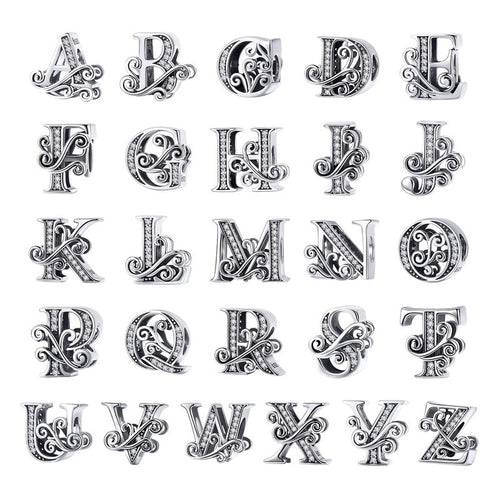 BAMOER 2019 NEW 925 Sterling Silver Vintage A to Z Clear CZ 26 Letter Alphabe Bead Charms Fit