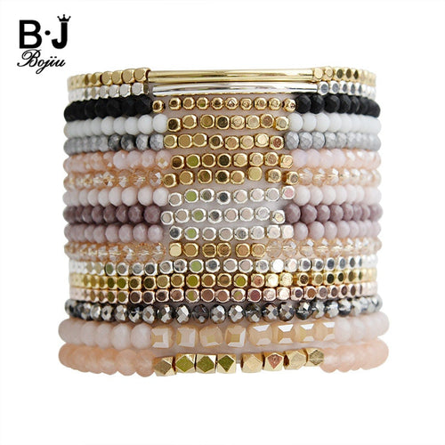 BOJIU Multicolor Crystal Strand Bracelets For Women Gold Acrylic Copper Beads Pink White Black