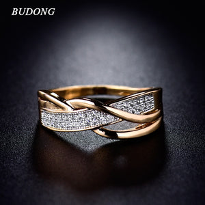 BUDONG Rings for Women Valentine Present Fashion Spiral CZ Crystal Gold-Color