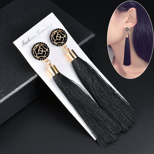 Black Crystal Flower Fringe Earings Earing Geometric Long Dangle Tassel Earrings