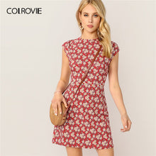 Load image into Gallery viewer, COLROVIE Red Zip Back Ditsy Floral Print Boho Mini Dress Women Clothes  Summer Vacation
