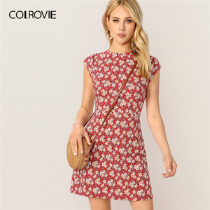 COLROVIE Red Zip Back Ditsy Floral Print Boho Mini Dress Women Clothes  Summer Vacation