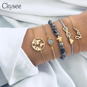 Ckysee 5Pcs/lot Bohemian Map Heart Turtle Charm Bracelets Set Bangles For Women Fashion Crystal