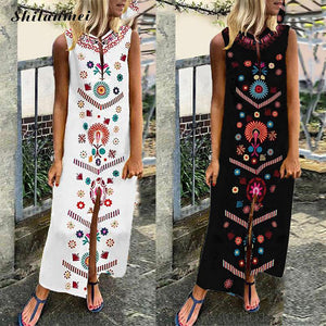 Fashion Sleeveless Plus Size 4xl 5xl Loose Long Dress Cotton Floral Printed Ethnic Long Straight