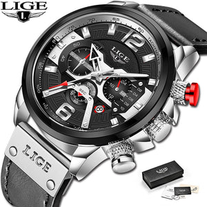 2022 New Mens Watches LIGE Top Brand Leather Chronograph Waterproof Sport