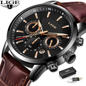 2022 New Mens Watches LIGE Top Brand Leather Chronograph Waterproof Sport