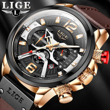 Load image into Gallery viewer, 2022 New Mens Watches LIGE Top Brand Leather Chronograph Waterproof Sport