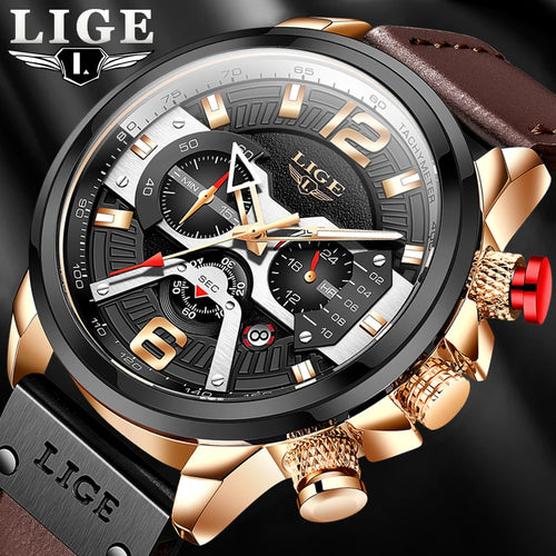 2022 New Mens Watches LIGE Top Brand Leather Chronograph Waterproof Sport