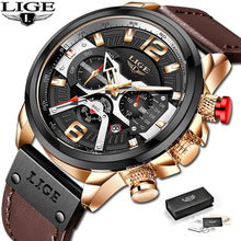 Load image into Gallery viewer, 2022 New Mens Watches LIGE Top Brand Leather Chronograph Waterproof Sport