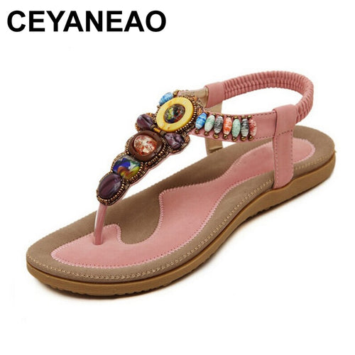CEYANEAO 2020 Bohemian Women Sandals Gemstone Beaded Slippers