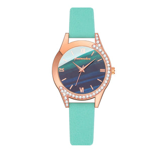 Women Fashion Rhinestone Green Watch Casual Leather Strap Ladies