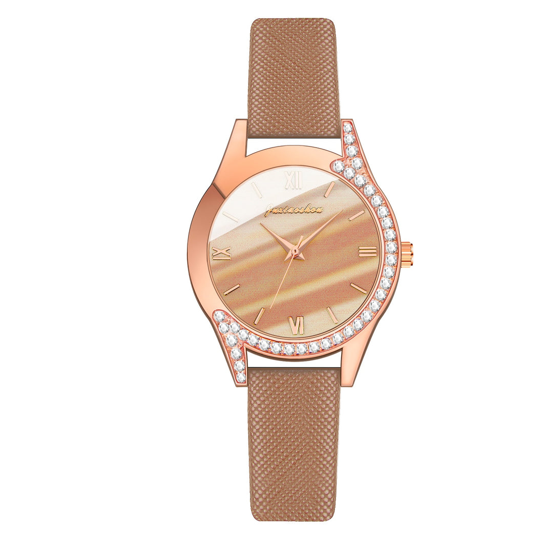 Women Fashion Rhinestone Green Watch Casual Leather Strap Ladies