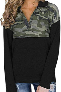 Camo Splice Gray Kangaroo Pocket Zip Collar Sweatshirt