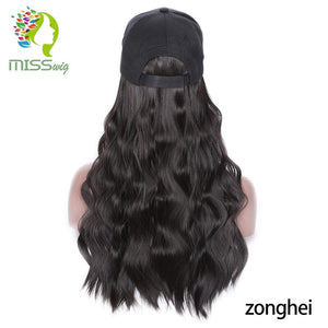 MISS WIG 22Inch Long Wavy Natural Black Cap Hair Extensions Light Brown Black 3 Colors Hat Hairpiece Synthetic Heat Resistant