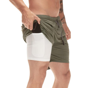 Men's 2 in 1 Running Shorts Security Pockets Leisure Shorts Quick Drying Sport Shorts Built-in Pockets Hips Hiden Zipper Pockets