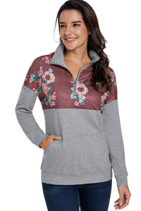 Floral Splice Grey Kangaroo Pocket Zip Collar Sweatshirt