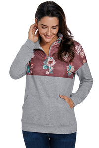 Floral Splice Grey Kangaroo Pocket Zip Collar Sweatshirt