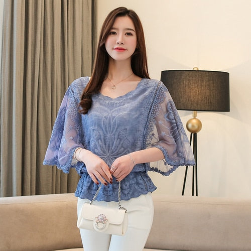 New Chiffon Blouse O-Neck 2019 Summer Full Cotton Edge Lace Blouses Shirt Butterfly Flower Half