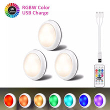 Load image into Gallery viewer, USB Rechangeable RGBW LED Cabinet Light Puck Light 16 Colors Remote