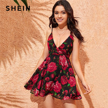 Load image into Gallery viewer, SHEIN Floral Print Plunging Neck Wrap Skater Cami Dress Wrap Deep