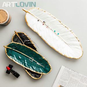 Gold Plating Ceramic Plate Set Fashion Feather Design Jewelry