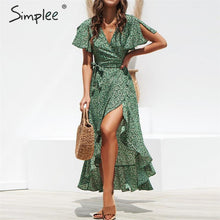 Load image into Gallery viewer, Simplee Leopard print dress women Summer sashes long green split floral print beach dress Sexy holiday female plus size vestidos