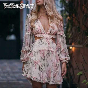 TWOTWINSTYLE Sexy Print Dress Female Chiffon V Neck Hollow Out Lantern