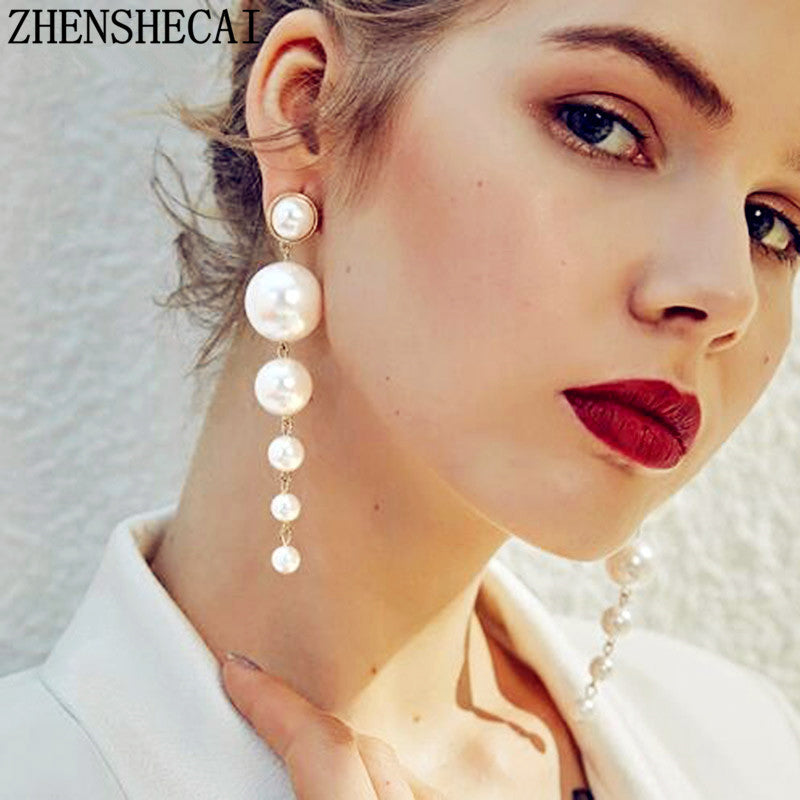 Trendy Elegant Created Big Simulated Pearl Long Earrings Pearls String Statement Drop Earrings