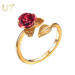 U7 Red Rose Garden Flower Leaves Resizable Finger Rings for Women Valentine's Day Gift Jewelry