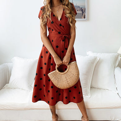 Women Fashion Polka Dot Dress Summer Casual A-Line Party Dresses Sexy V-neck