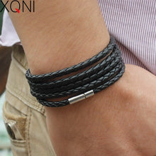 Load image into Gallery viewer, XQNI brand black retro Wrap Long leather bracelet men bangles fashion sproty Chain link male charm bracelet with 5 laps