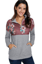 Load image into Gallery viewer, Floral Splice Grey Kangaroo Pocket Zip Collar Sweatshirt