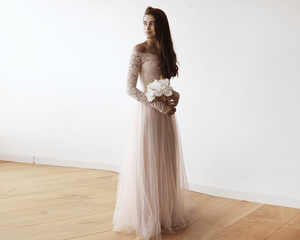 Blush Off-The-Shoulder Lace and Tulle Maxi Dress 1134