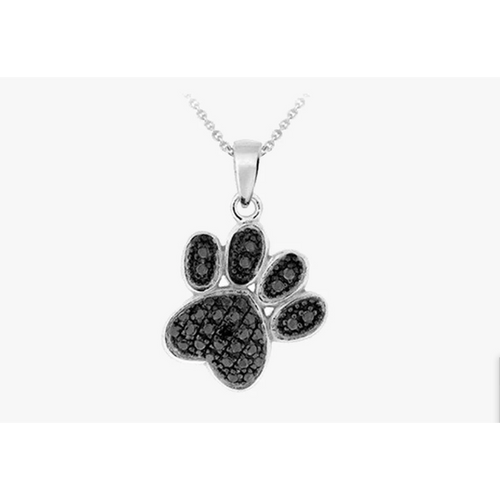 Silver Overlay Black Diamond Accent Paw Print Pendant with 18