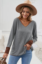 Load image into Gallery viewer, Contrast Trim V-Neck Waffle Knit Top