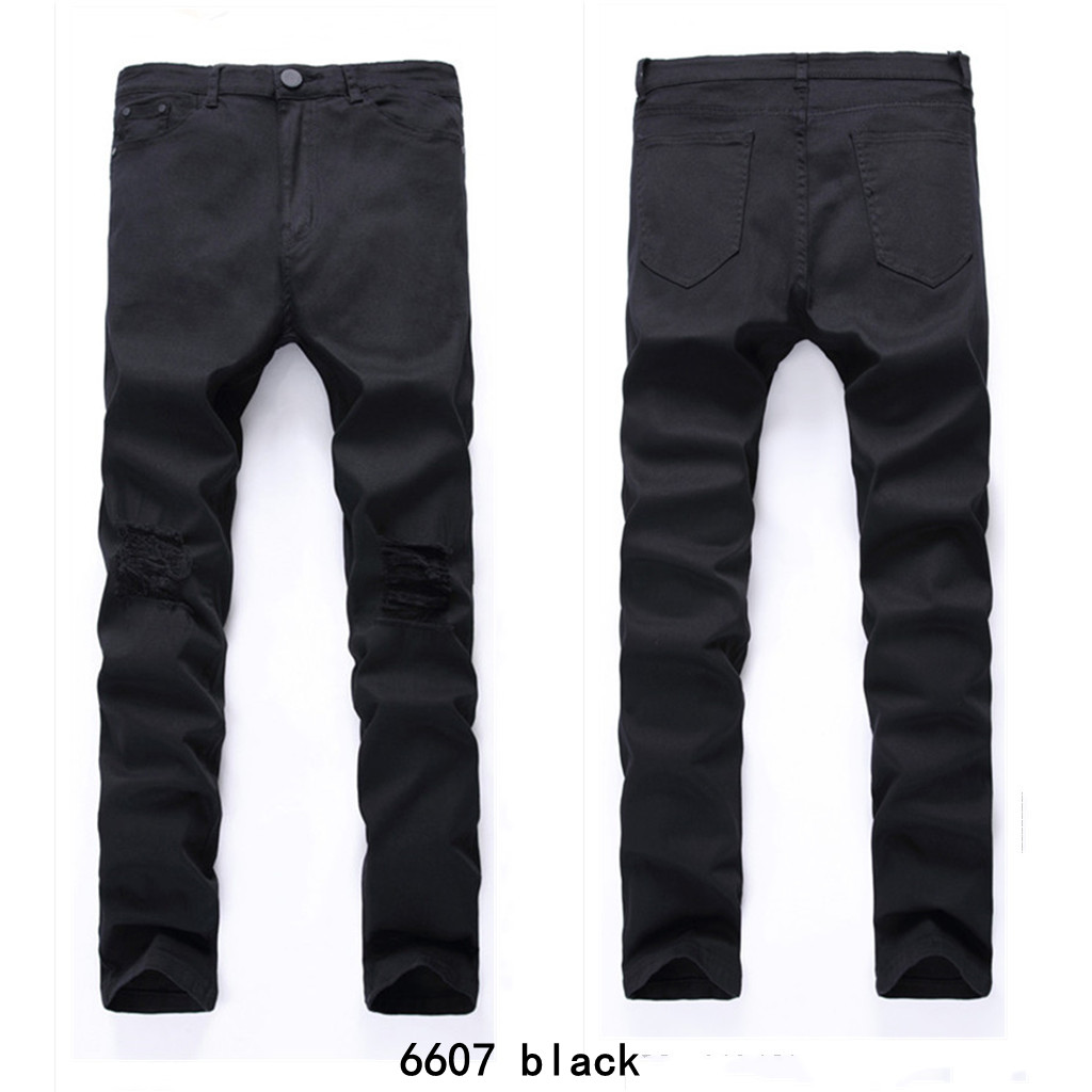 All Black Skinny Jeans Men Destroyed Straight Slim Fit Biker Pants Rip ...