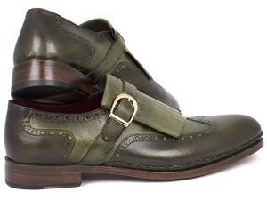 Paul Parkman Men's Wingtip Monkstrap Brogues Green  Leather Upper With Double Leather Sole (ID#060-GREEN)
