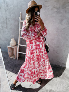Women's Fashion Print Ruffle Neck Long Sleeve Resort Dress